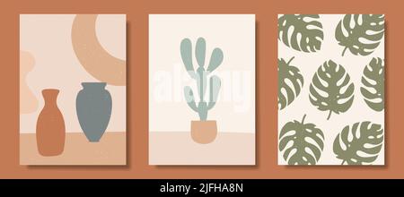 Sammlung von Plakaten mit abstrakten Konzepten und Pastellfarben. Pflanzenblätter, tolles Design für Social Media, Postkarten, Drucke. Stock Vektor