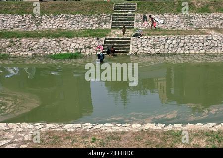 Eine roma-Zigeunerin wäscht ihre jüngeren Kinder und ihre Kleidung im Wasser des Flusses Bjelica in Guca, Serbien Stockfoto