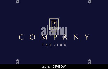 Vektor goldenes Logo, auf dem ein abstraktes Bild einer Seestücke in einer offenen Tür. Stock Vektor