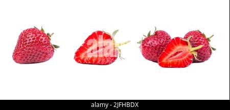 Set Erdbeeren in einem Schnitt und ganze, mit einem Rücken, isoliert auf einem weißen Hintergrund. Stockfoto
