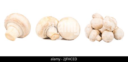 Set von frischen ganzen und geschnittenen Champignon-Pilzen auf weißem Hintergrund isoliert. Draufsicht. Stockfoto