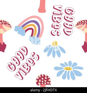 Magische psychedelische Drogenpilze, Kamille, Regenbogen nahtloses Muster. Psychedelischer Halluzination. 60-70s Hippie bunte Kunst. Vintage psychedelischen Text Stock Vektor