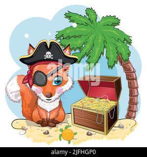 Fuchspirat, Zeichentrickfigur des Spiels, wildes Tier in einem Bandana und ein aufgespannter Hut mit einem Schädel, mit einem Augenfleck. Charakter mit hellen Augen und t Stock Vektor