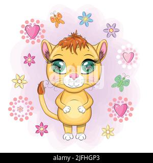 Cartoon-Löwin mit ausdrucksstarken Augen. Wilde Tiere, Charakter, kindisch niedlichen Stil Stock Vektor