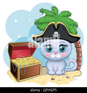 Katzenpirat, Zeichentrickfigur des Spiels, Wildtierkatze in einem Bandana und ein aufgespannter Hut mit einem Schädel, mit einem Augenfleck. Charakter mit hellen Augen A Stock Vektor