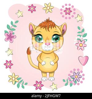 Cartoon-Löwin mit ausdrucksstarken Augen. Wilde Tiere, Charakter, kindisch niedlichen Stil Stock Vektor