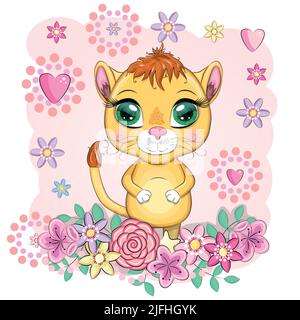 Cartoon-Löwin mit ausdrucksstarken Augen. Wilde Tiere, Charakter, kindisch niedlichen Stil Stock Vektor