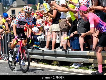 Vejle nach Sonderborg, Dänemark. 3.. Juli 2022. Magnus CORT EF Education-EasyPost in the Polka dot Trikot during Tour De France, stage 3, Denmark, 3. July 2022, Credit:Pete Goding/Goding Images/Alamy Live News Credit: Peter Goding/Alamy Live News Stockfoto