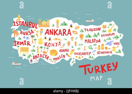 Türkei Cartoon Karte flach Hand gezeichnet Vektor-Illustration. Stadtnamen, Schriftzüge und Wahrzeichen, Cliparts für Touristenattraktionen. Reise, Comic-Poster, b Stock Vektor
