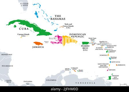 Die Karibik, farbige politische Landkarte. Subregion Nord- und Südamerika in der Karibik mit ihren Inseln und englischen Namen. Antillen. Stockfoto
