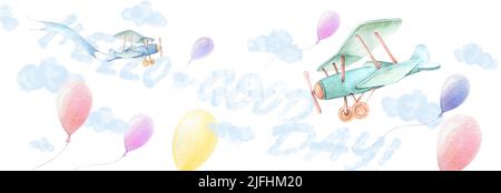 Hallo Baby, guten Tag Banner. Flugzeuge, bunte Luftballons fliegen in den Himmel. Blaue Wolken. Weißer Hintergrund. Kleiner Duschjunge. Aquarell. Wandkunst im Kinderzimmer Stockfoto