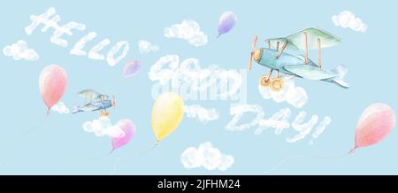 Hallo Guten Tag. Flugzeuge, bunte Luftballons fliegen in den Himmel. Weiße Wolken Blauer Hintergrund. Kleiner Duschjunge. Kinderzimmer Wandkunst. Vorgefertigte Komposition Stockfoto