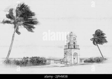 Palm Beach Worth Avenue Uhrenturm Florida USA, handgezeichnete Bleistiftzkizze Stockfoto