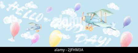 Hallo Baby, guten Tag Banner. Flugzeuge, bunte Luftballons fliegen in den Himmel. Weiße Wolken blauer Hintergrund. Baby Dusche Junge Thema. Aquarell. Wandkunst im Kinderzimmer Stockfoto