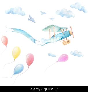 Aquarell Baby Cliparts. Baby Shower Boy. Flugzeug fliegen mit Band. Blaue Wolken, Vögel, Luftballons fliegen am Himmel. Baby Dusche Poster Hintergrund Stockfoto