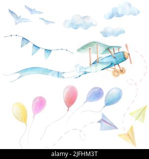 Aquarell Baby Cliparts. Baby Shower Boy Set. Flugzeug fliegen mit Band. Blaue Wolken, Vögel, Luftballons fliegen am Himmel. Druckqualität Weißer Hintergrund Stockfoto