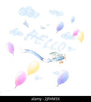 Aquarell Baby Cliparts. Flugzeuge, bunte Luftballons fliegen in den Himmel. Blaue Wolken. Babyduschmotiv. „Hallo Abenteuer“-Banner. Vorgefertigte Komposition Stockfoto