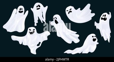 Ghost erschreckt Horror-Zeichensatz. Niedliches witziges Buh-, Geisterblatt-halloween-Charakterdesign. Isolierte Vektordarstellung. Stock Vektor