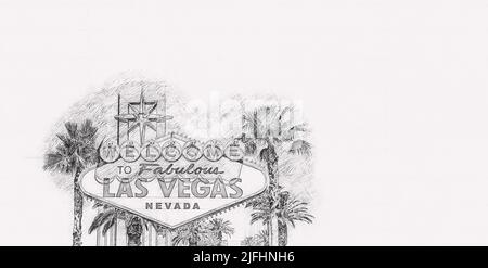 Berühmtes Las Vegas-Schild auf weißem Hintergrund, handgezeichnete Bleistiftskizze Stockfoto