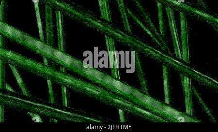 VHS-Bildschirmeffekt mit langsam bewegten 3D Linien auf schwarzem Hintergrund. Bewegung. Glitch-Effekt auf einem dunklen Bildschirm. Stockfoto