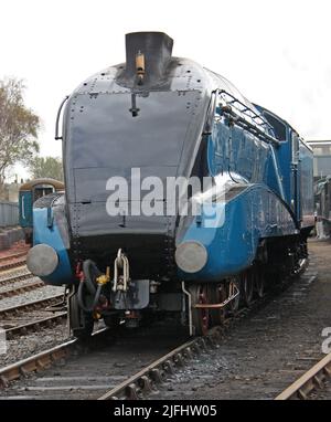 Die blaue Front einer britischen Dampflokomotive der Klasse A4. Stockfoto