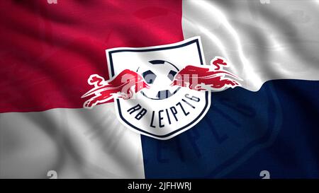 Blau, weiß und rot animierte schwenkende Flagge der Fußball-Bundesliga Leipzig. Bewegung. Realistische winkende Flagge. Nur für redaktionelle Zwecke. Stockfoto