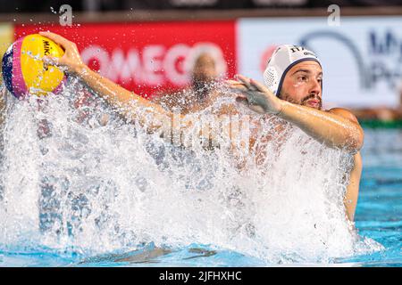 BUDAPEST, UNGARN - 3. JULI: Nichols Presciutti von Italien während der FINA World Championships Budapest 2022 - Wasserball-Endspiel der Männer zwischen Italien und Spanien im Alfred Hajos Swimming Complex am 3. Juli 2022 in Budapest, Ungarn (Foto: Albert ten Hove/Orange Picles) Stockfoto