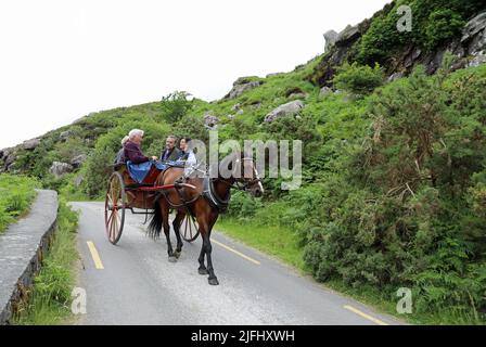 Touristen in einem jaunting Auto an der Gap of Dunloe in der Grafschaft Kerry Stockfoto