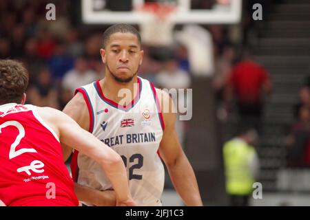 Newcastle, England, 3. Juli 2022. Myles Hesson spielt für Großbritannien gegen die Türkei in einem FIBA 2023-WM-Qualifikationsspiel in der Vertu Motors Arena in Newcastle. Quelle: Colin Edwards/Alamy Live News. Stockfoto