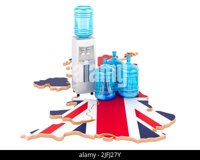 Flaschenwasser-Lieferservice in Großbritannien, 3D Rendering isoliert auf weißem Hintergrund Stockfoto