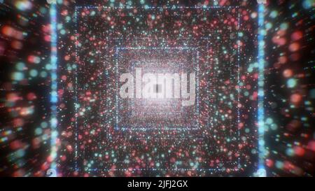 Quadratischer digitaler Tunnel, verschwommene Flugpunkte, nahtlose Schleife. Bewegung. Fliegen durch 3D glühende Tunnel im Weltraum. Stockfoto