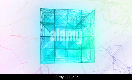 Künstliche Intelligenz, die blauen Gradienten Plexus Cubic 3D Figur. Bewegung. Glühender schöner transforzierender Würfel, wissenschaftlicher Hintergrund. Stockfoto
