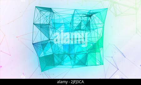 Abstrakter Neon-Plexus, der Würfel auf schwarzem Hintergrund verwandelt. Bewegung. 3D bewegte kubische Silhouette in der digitalen Welt. Stockfoto