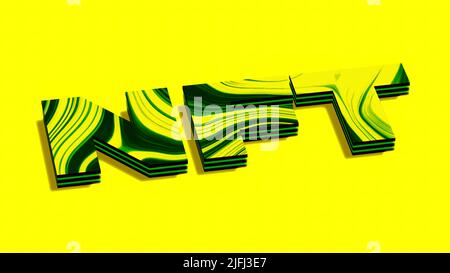 Nicht-fungible Token Animation, Kryptowährungen und digitales Kunstkonzept. Bewegung. NFT-Buchstaben auf gelbem Hintergrund. Stockfoto