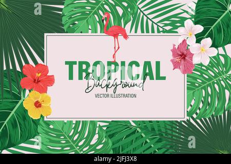 Vektor Botanical Tropical Jungle Banner, Hintergrund mit Palmenblättern, exotische Blumen, Pflanzen, Flamingo. Sommer Strand Tropic Floral Hawaiian Design Stock Vektor