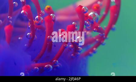 Unterwasserblume und Blütenblätter im fliedernen Tintennebel. Archivmaterial. Fantasieblüte, Naturzauber, rosa blühende Blume. Stockfoto