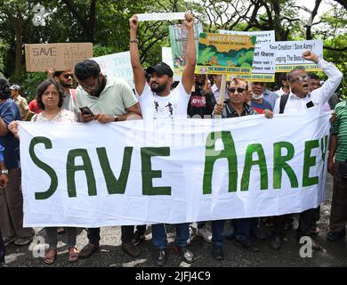 Mumbai, Maharashtra, Indien. 3.. Juli 2022. Die Demonstranten halten ein Banner mit der Aufschrift „Save Aarey“ während des Protests gegen das Schneiden der Bäume und den Bau eines U-Bahn-Autoschuppens im Aarey-Wald. Die Regierung will den Bau des U-Bahn-Autoschuppens von Kanjurmarg zurück in den Aarey-Wald verlagern, da die Kosten für das U-Bahn-Projekt eskalierten. (Bild: © Ashish Vaishnav/SOPA Images via ZUMA Press Wire) Bild: ZUMA Press, Inc./Alamy Live News Stockfoto