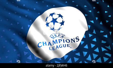 Nahaufnahme aus Stoff mit blauer und weißer Flagge und dem Emblem der UEFA Champions League. Bewegung. Winkende farbenfrohe, realistische Flagge. Nur für redaktionelle Zwecke. Stockfoto