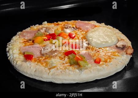 Hausgemachte Pizza auf dem Tablett im elektrischen Ofen Stockfoto