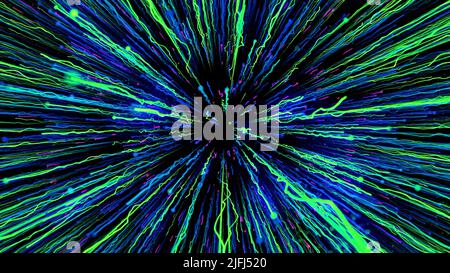 Fliegende abstrakte Linien von Feuerwerk aus Grüntönen auf schwarzem Hintergrund. Bewegung. Konzept der Feier und Feiertage. Stockfoto