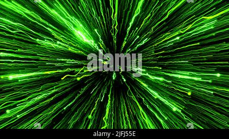 Fliegende abstrakte Linien von Feuerwerk aus Grüntönen auf schwarzem Hintergrund. Bewegung. Konzept der Feier und Feiertage. Stockfoto