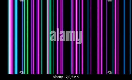 Bewegung der vertikalen Linien auf schwarzem Hintergrund. Design. Abstrakter Tanz aus neonfarbenen Linien oder Streifen. Stockfoto