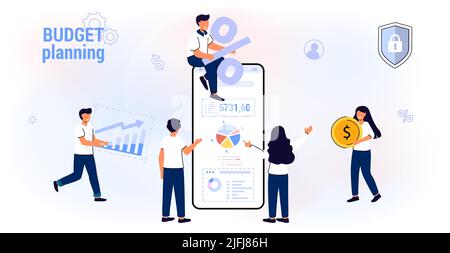 Finanzplanungs-App zur Ertrags- und Ausgabenkontrolle Budgetplanung Kostenoptimierung Budgetmanagement in der mobilen App Synchroniz Computer Vector Stock Vektor
