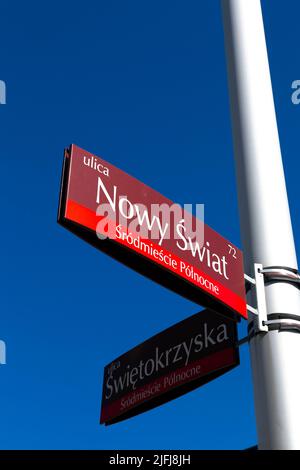 Straßenschild Nowy Swiat, Warschau, Polen Stockfoto