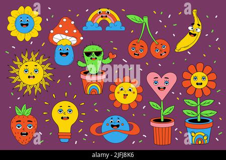 Lustige Comic-Figuren mit lustigen Gesichtern. Setzen Sie Comic-Elemente im trendigen Retro-Cartoon-Stil. Vektor-Illustration von Herz Blumentopf, Sonne, Regenbogen, che Stock Vektor