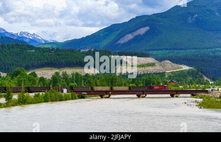 Ein Güterzug, der auf einem Hof steht, Golden, BC, Kanada Stockfoto