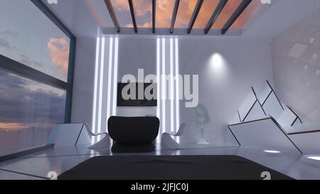 3D-Illustration eines Wohnzimmers irgendwo in der Zukunft Stockfoto