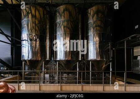 Moderne Brauerei. Produktionslinie für Crafr-Bier. Stockfoto