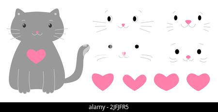 Niedliche graue Katze mit einem rosa Herzen Set. Eine Sammlung verschiedener Maulkörbe für ein Kätzchen. Kinderbild isoliert auf weißem Hintergrund. Kleines Haustier-Set Gesichter mit einem Schnurrbart. Vektorgrafik Stock Vektor