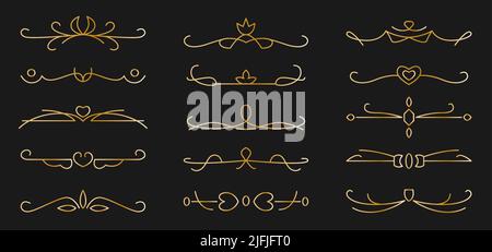 Vintage-Textteiler eingestellt. Kalligrafische Linien, Vintage-Bordüren und Hochzeitslohrs isoliert auf schwarzem Hintergrund. Goldfarbenes, gradient florierende Elemente. Einfaches Trennkontursymbol. Vektorgrafik Stock Vektor